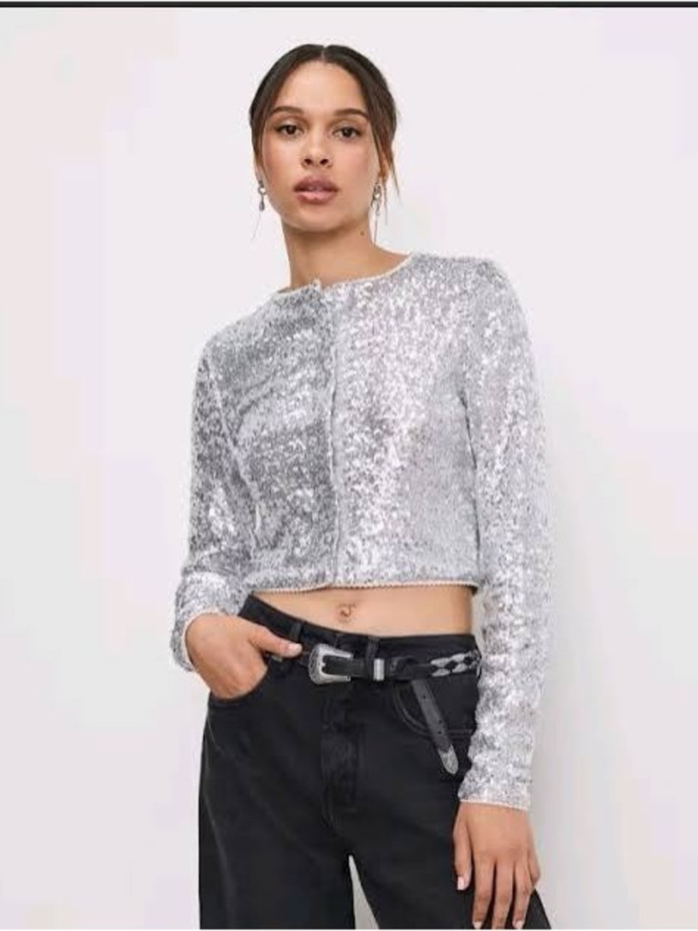 NWT Good American Silver Sequin Cardigan Large